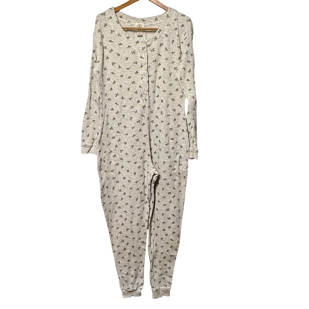 Victoria's Secret Country Union Suit Gray Floral Waffle Knit Thermal Pajamas L